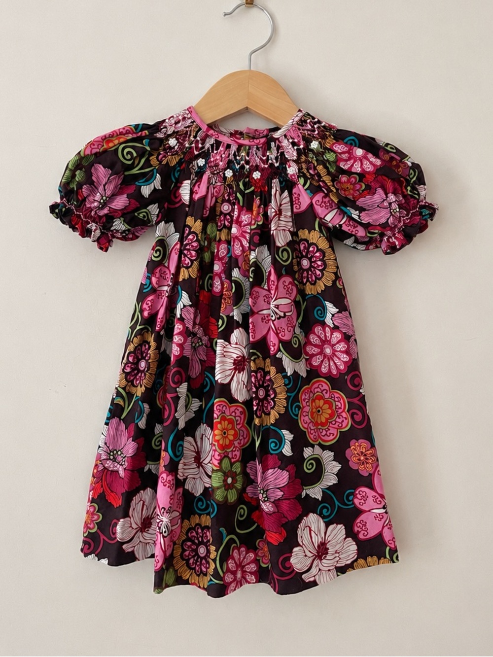 MOM & ME EUC/LN Hand Smocked Floral Print Heirloom Bishop Dress